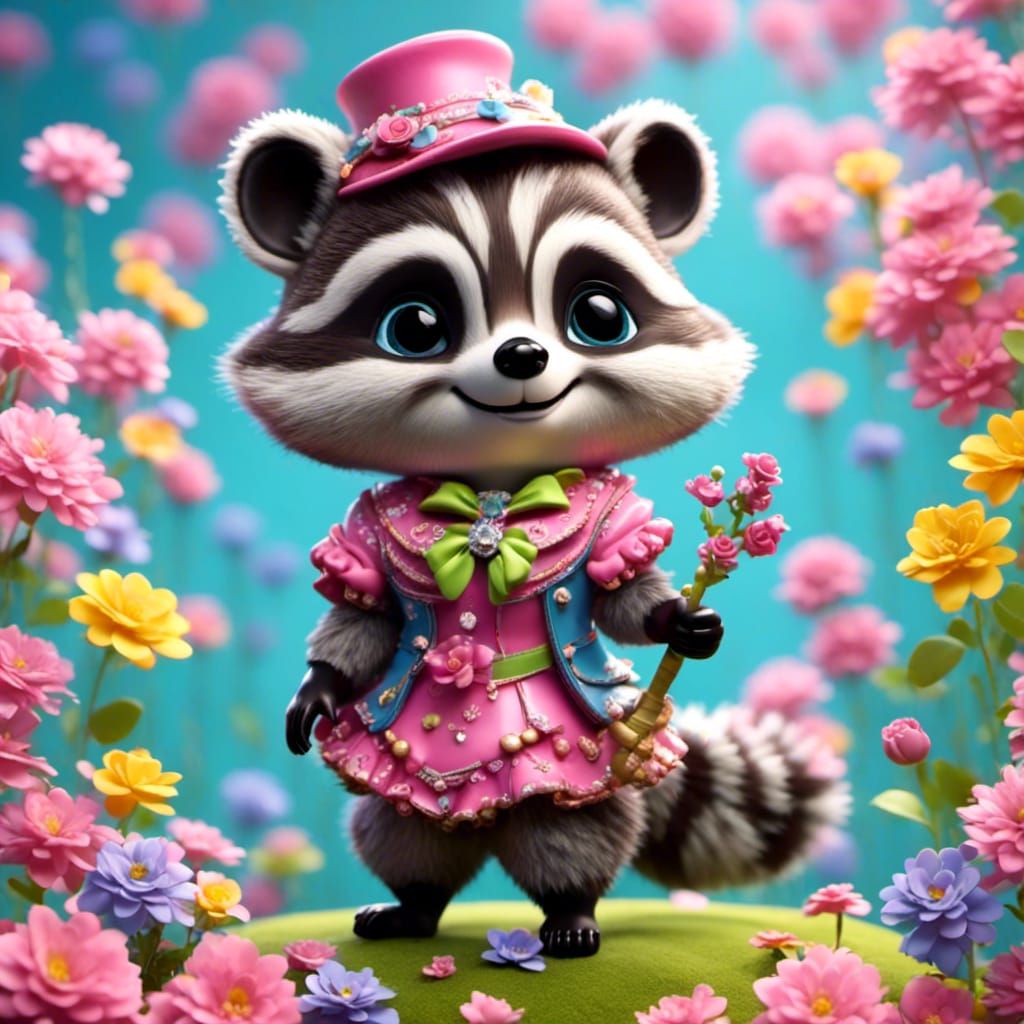 Cute Vector Raccoon Character in Pink and Blue