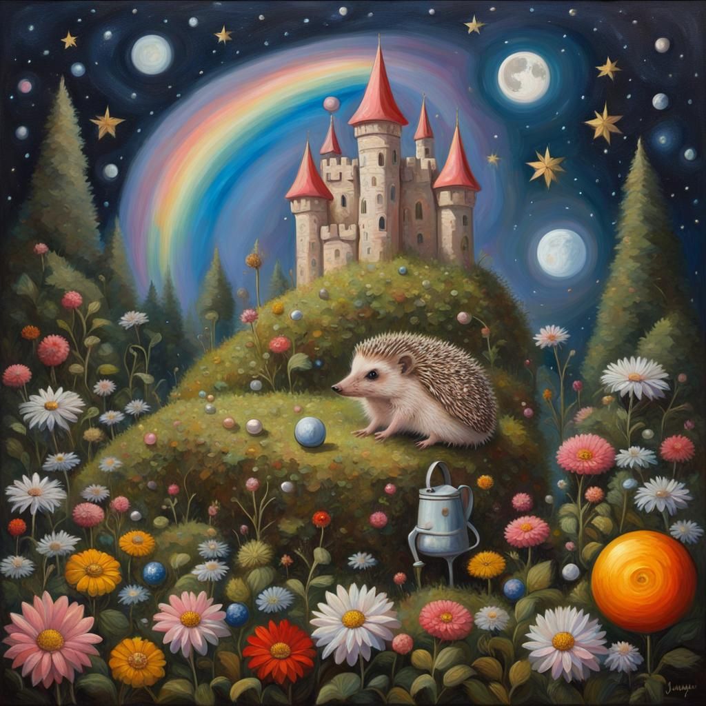 Hedgehog's Whimsical Castle Adventure: An Oil Painting