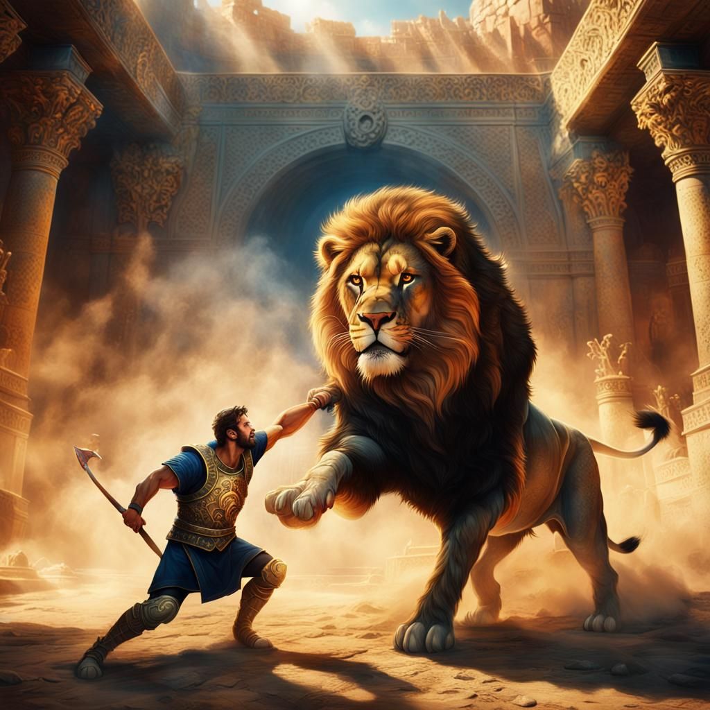Man Overpowers Lion in Ancient Arena