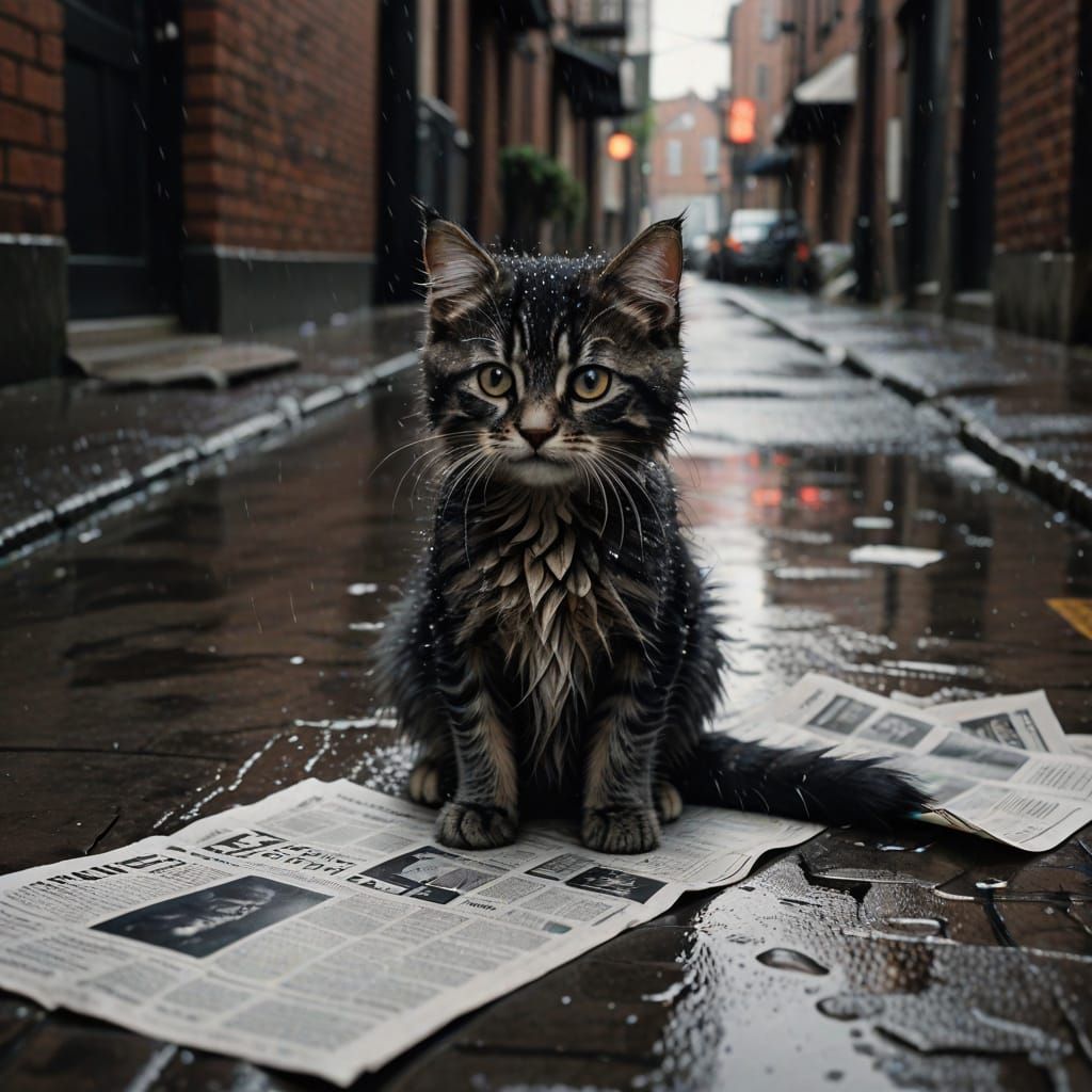 It’s so cold outside… !A melancholic scene featuring a fluffy and damp kitten seeking shelter .