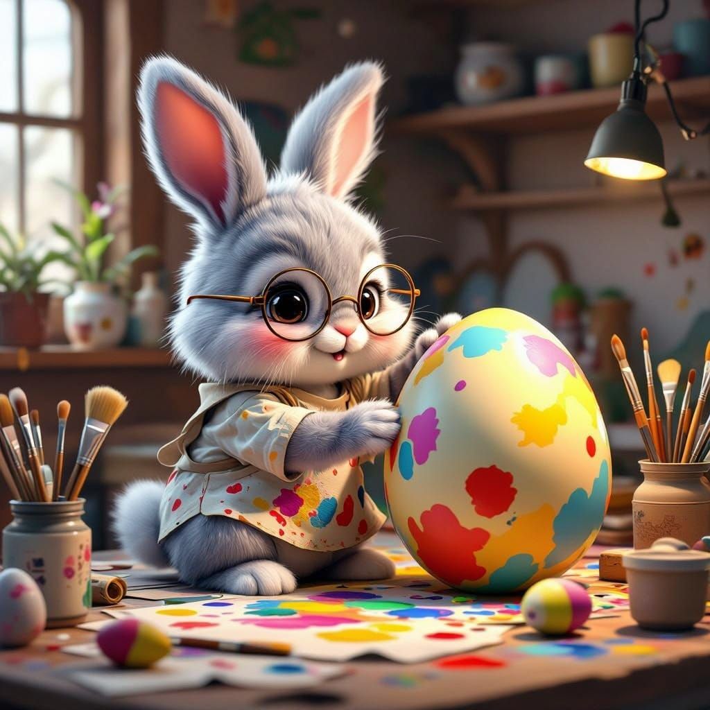 Chibi Easter Bunny Artist in Futuristic Workshop