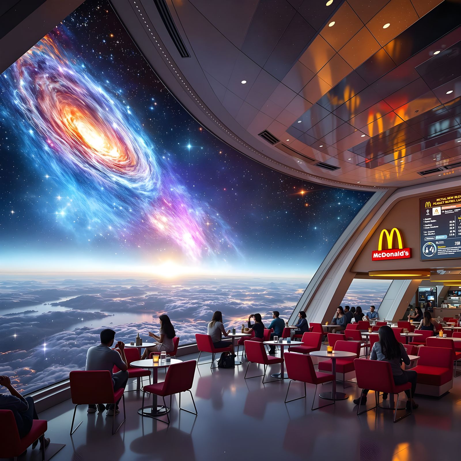 Create an image of a futuristic McDonald's restaurant inside sleek spaceship, where the expansive panoramic ...  by @Evan Fischer