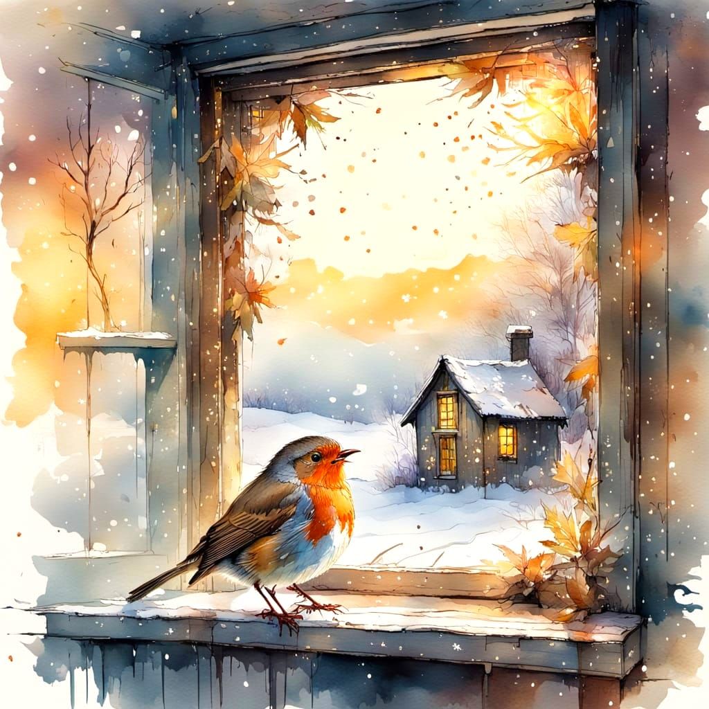 A robin sitting on a windowsill of an old rustic cottage