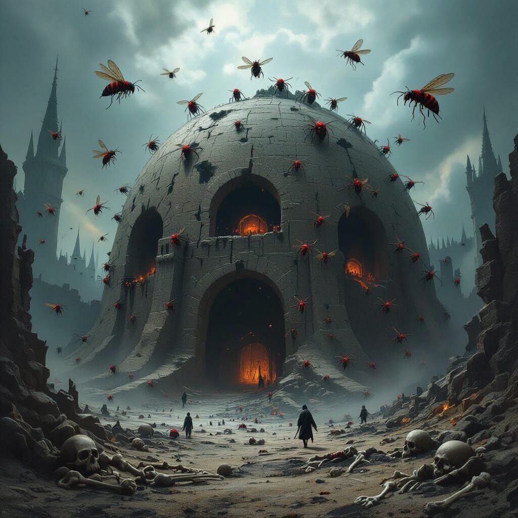 In a dark gothic background of an evil kings castle are massive mud domes with evil giant red wasps flying in and out of the domes. Bones an...