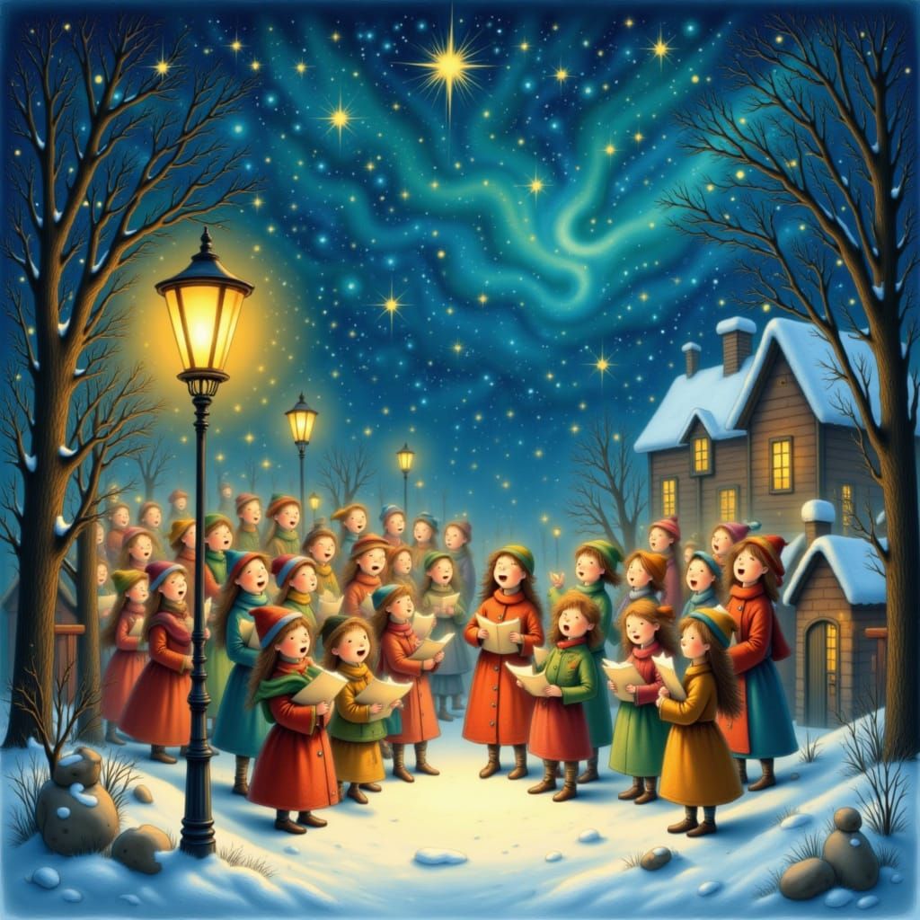 <lora:Storybook Christmas:1.0> Cheerful carolers singing under glowing street lanterns, snow falling softly