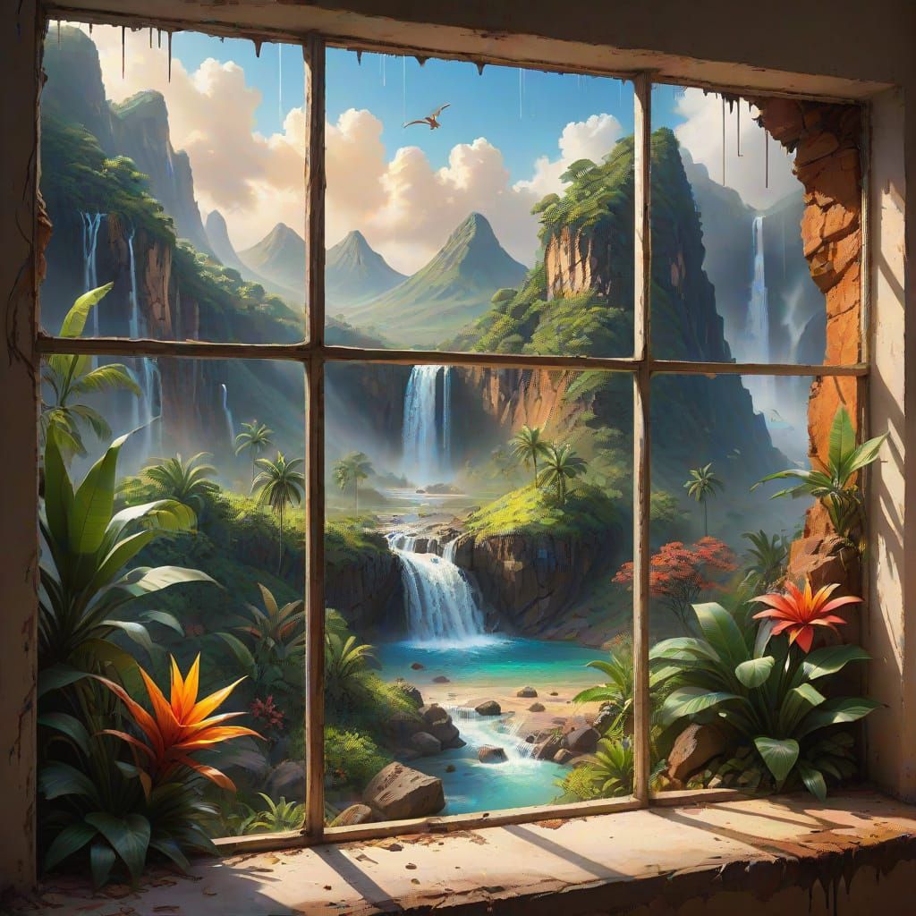 in a window frame divided into 4 parts, in each part a different landscape, in the first a mountain valley with a waterfall, in the second a...