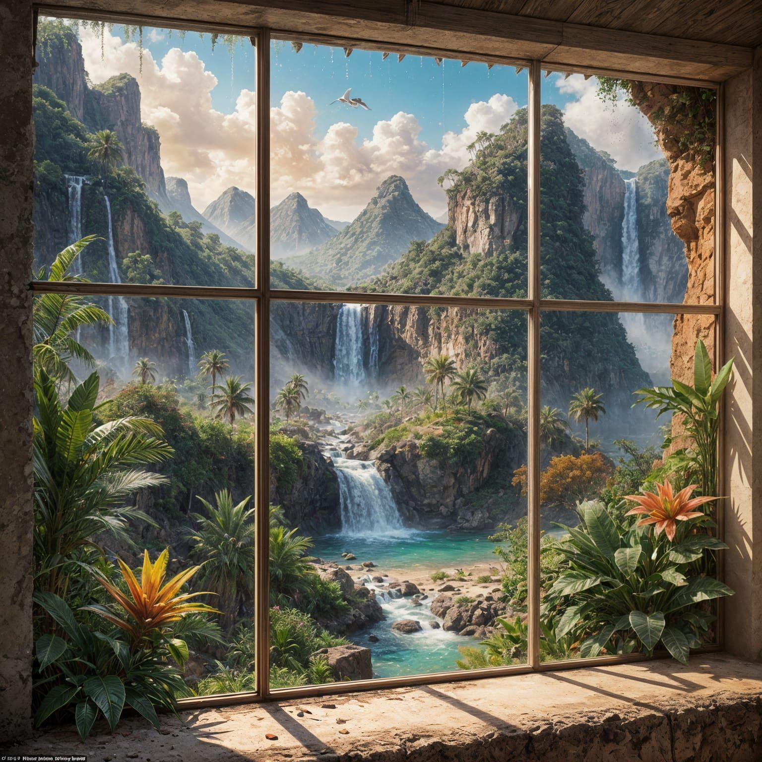 in a window frame divided into 4 parts, in each part a different landscape, in the first a mountain valley ...  by @Zacharo