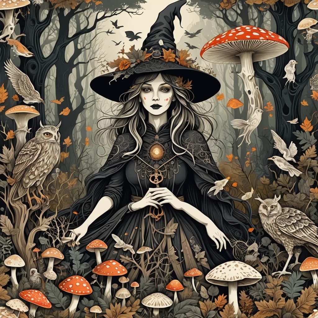 A witch in the forest with amanita mushrooms and dear and ea...