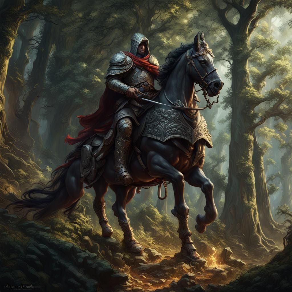 Cavaliere ferito e seduto a terra a riposare perso in una fo...