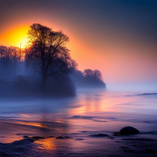 Sunrise gold blue mist