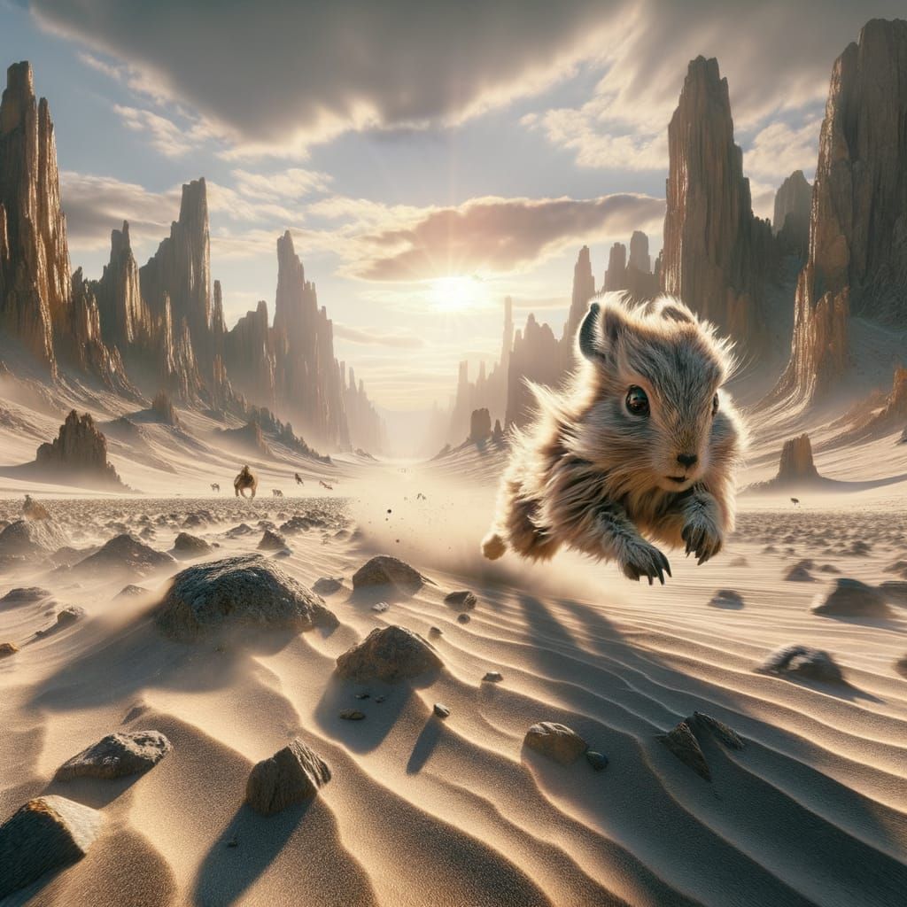 A Mongolian jird races across rocky terrain in the vast Gobi desert