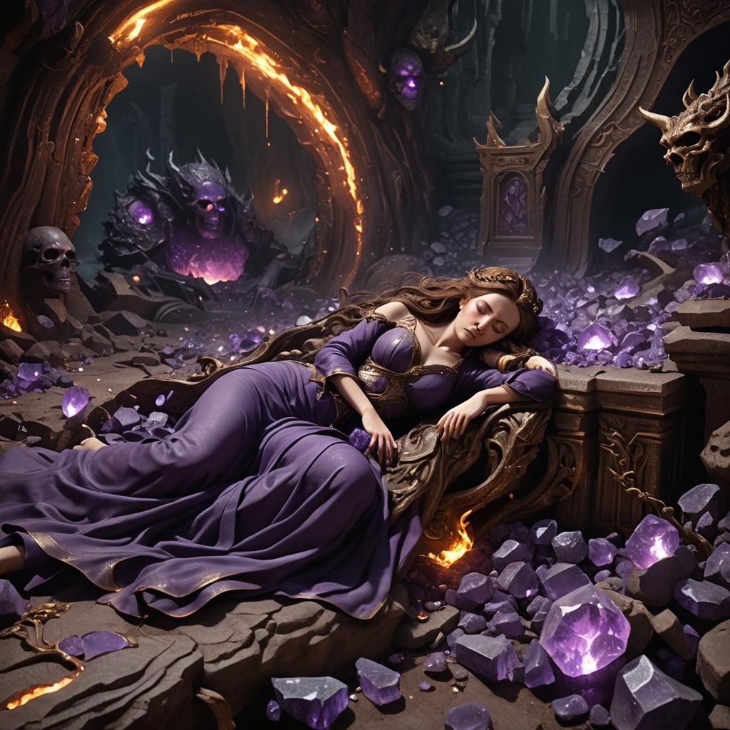 rebecca asleep in the underworld of hades wearing amethyst w...