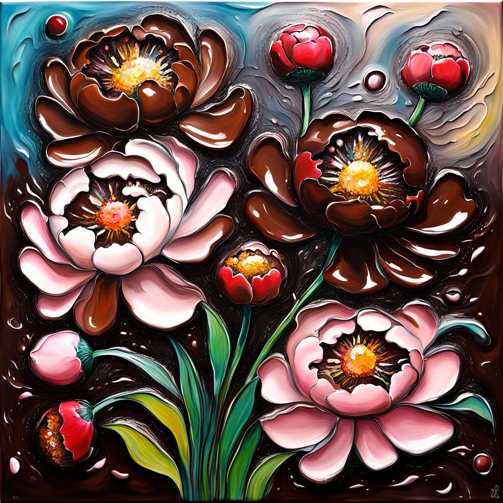  peonies made of pink and  dark chocolate  by @Robarbie