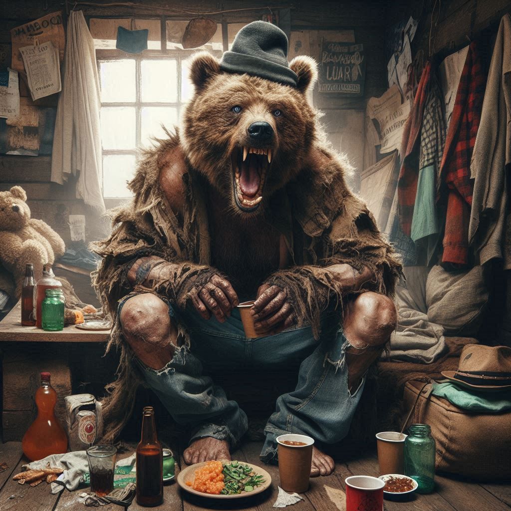 Homeless Alcoholic Mountain Bear Man, Shelter