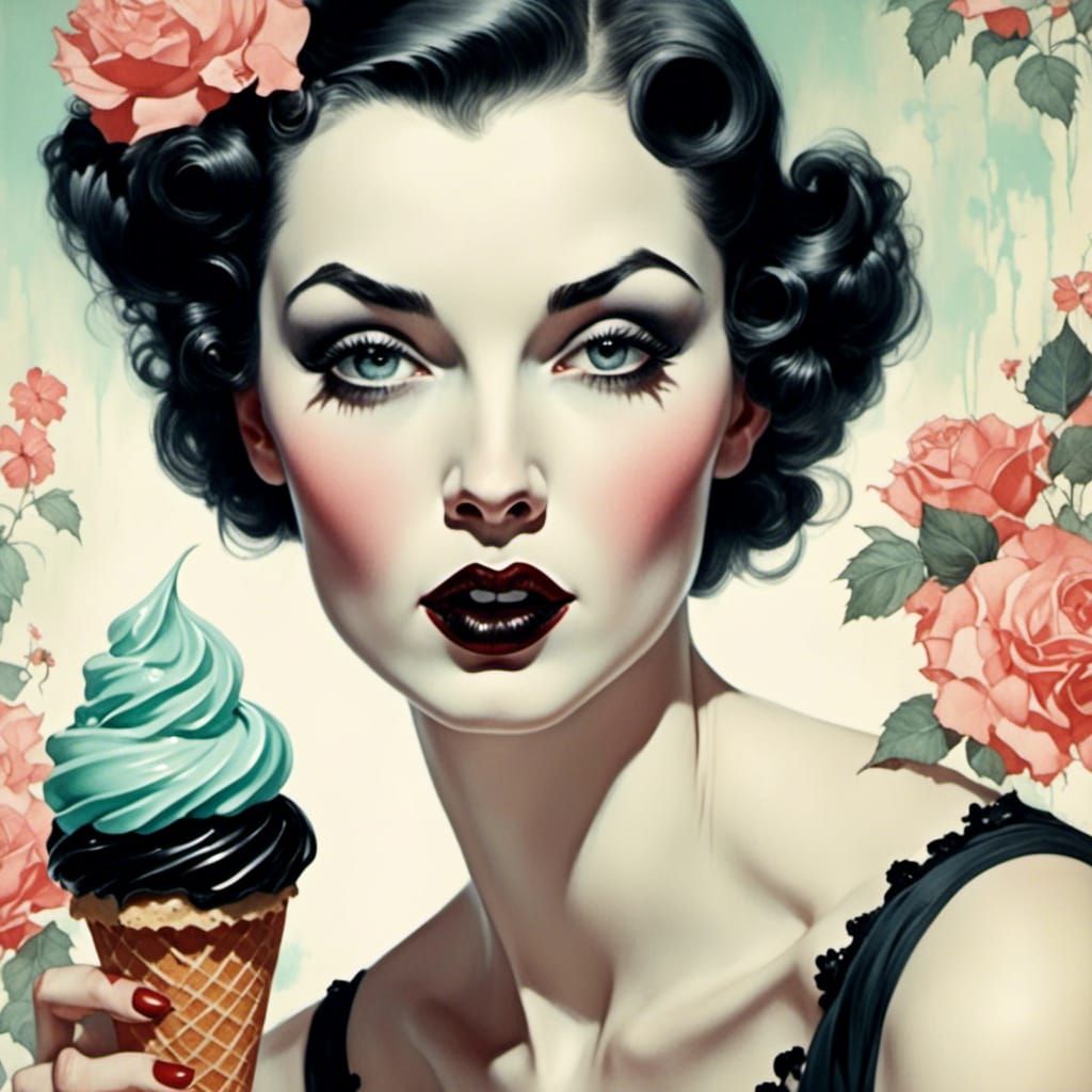 Close up portrait of a beautiful gothic pin up (Fizzy Elf 1.7) <lora:Stylised:1.0> eating a black ice cream by Alberto Vargas.  Pin up, retr...