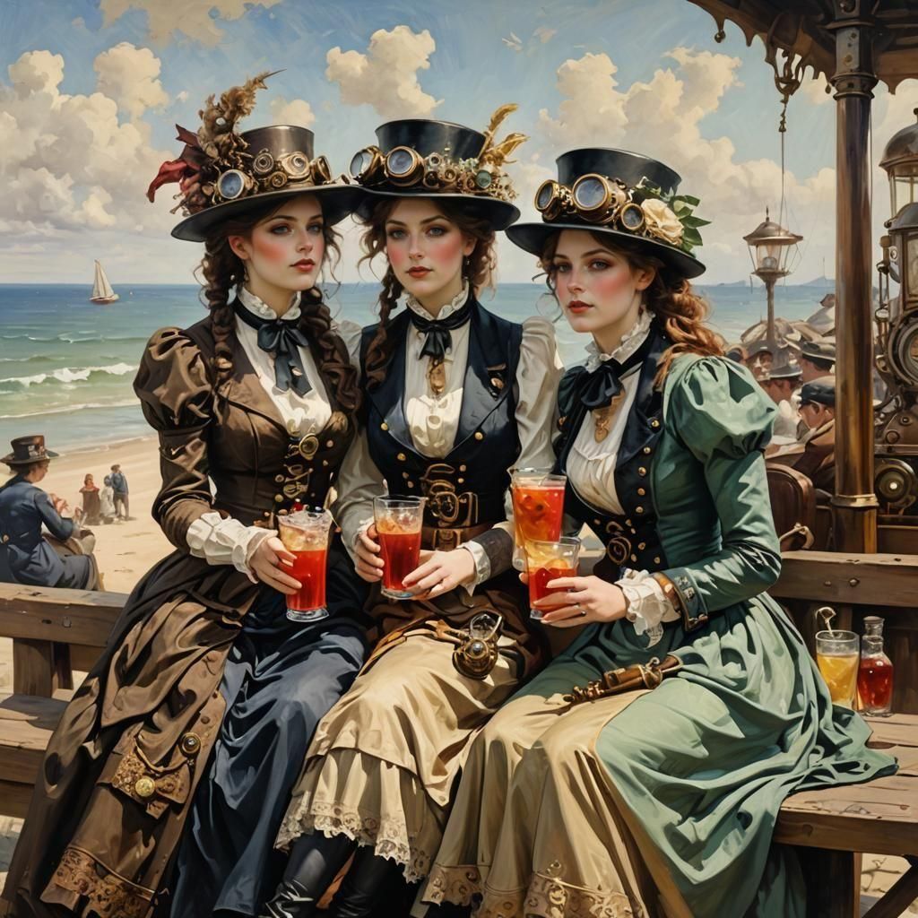 Steampunk sisters sitting seaside sipping sangrias; John Sargent Singer