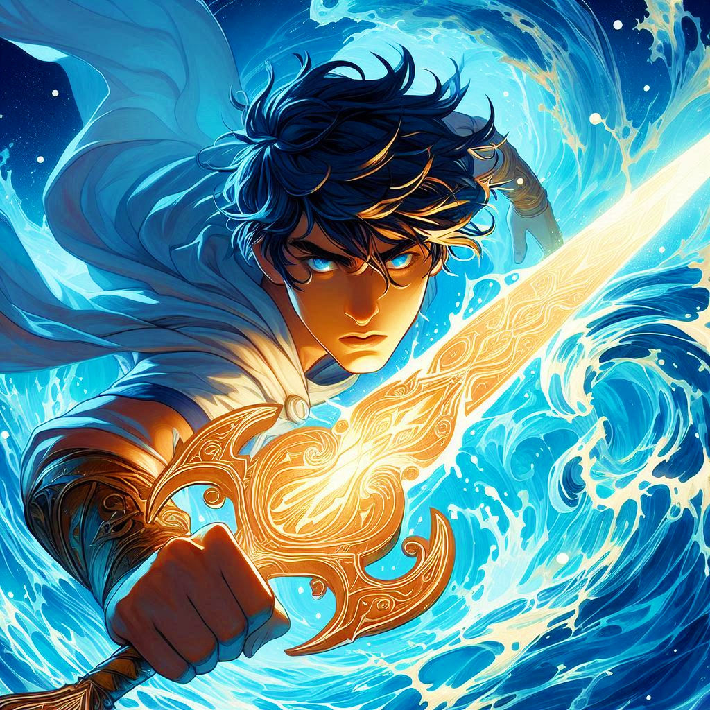 Percy Jackson in the style of the game "Hades"