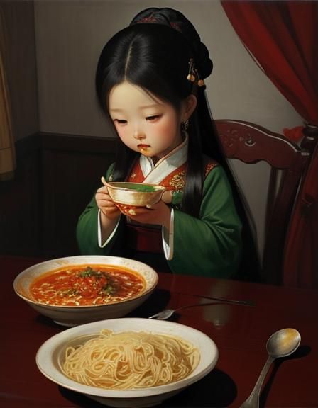Child Eats Pasta, Oil Painting Style