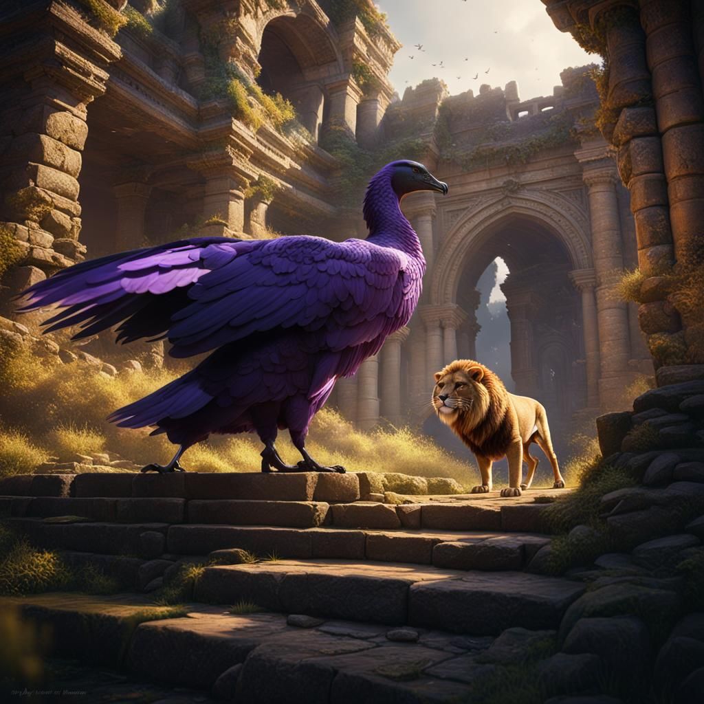 a goose attacking a lion in old stone ruins.