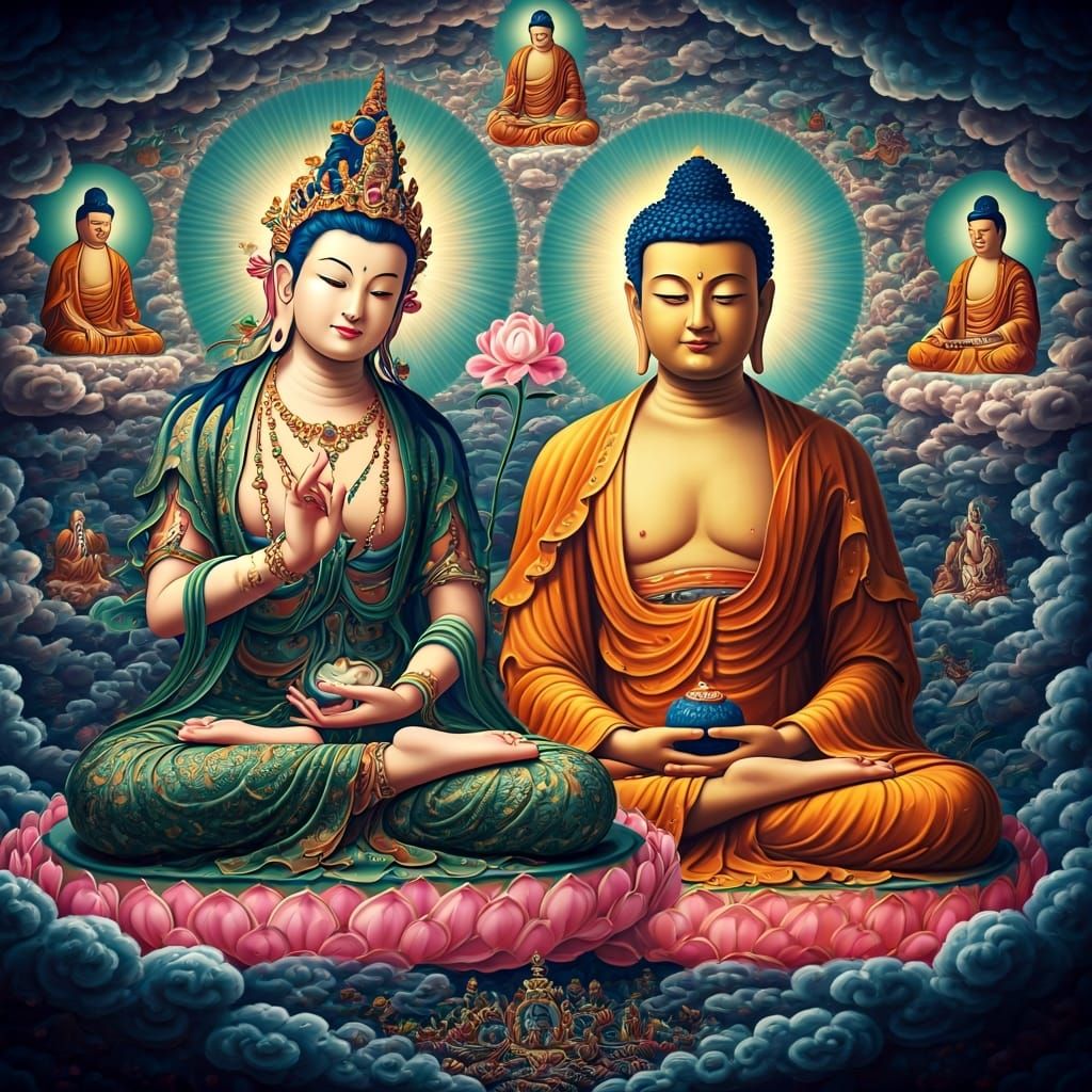 Buddha and Manjushri in Mystical Cosmic Illustration