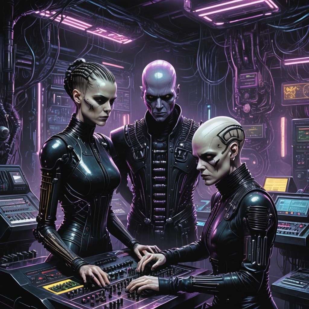 A striking cyberpunk-inspired scene of a woman with a shaved...