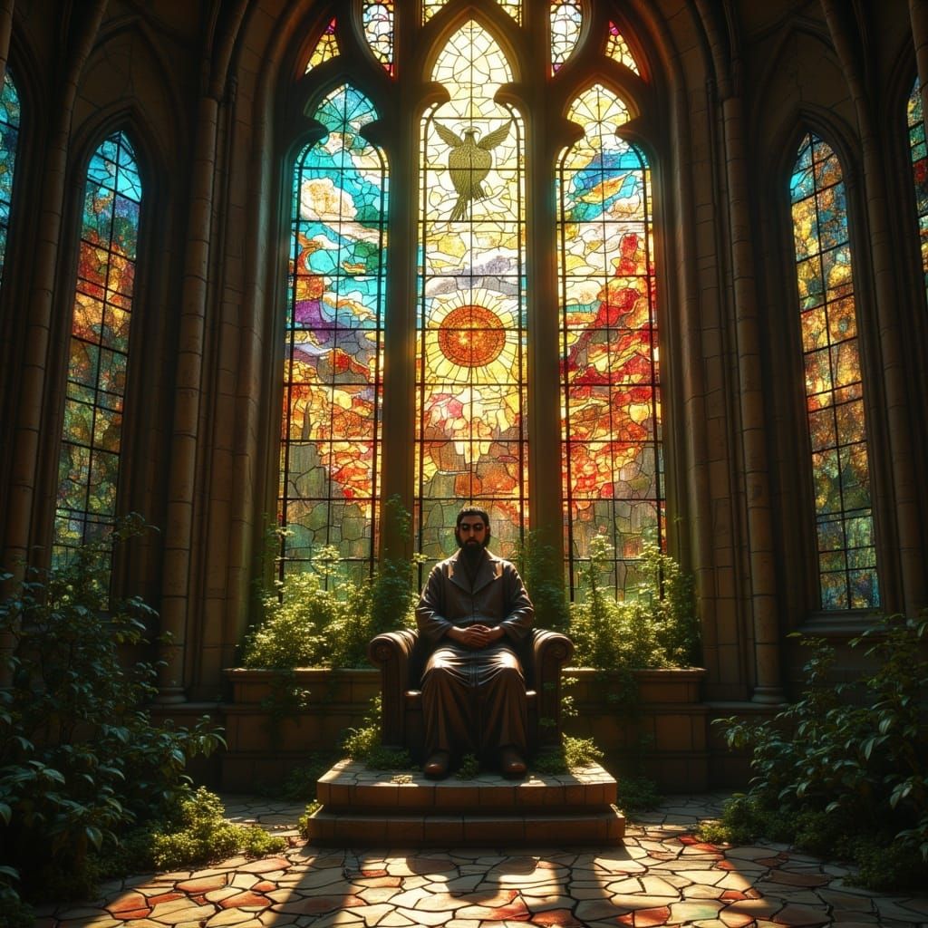 <lora:Stained Glass:1.0> A relic guardian, seated beneath a crumbling stained glass dome in an overgrown basilica, armored in refracted pan...