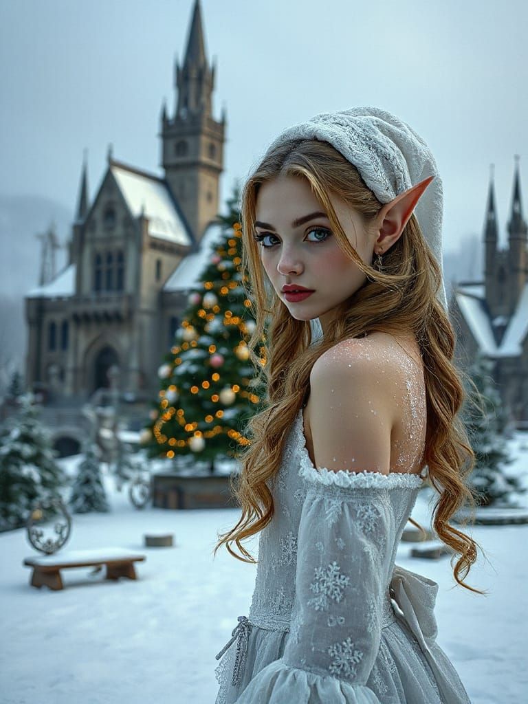 Snow Maiden Elf by Gothic Castle in Surreal Photo Style