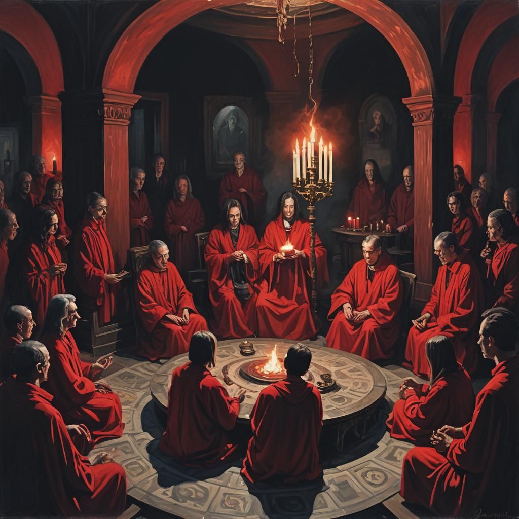 candle lit séance, people in red robes, surreal