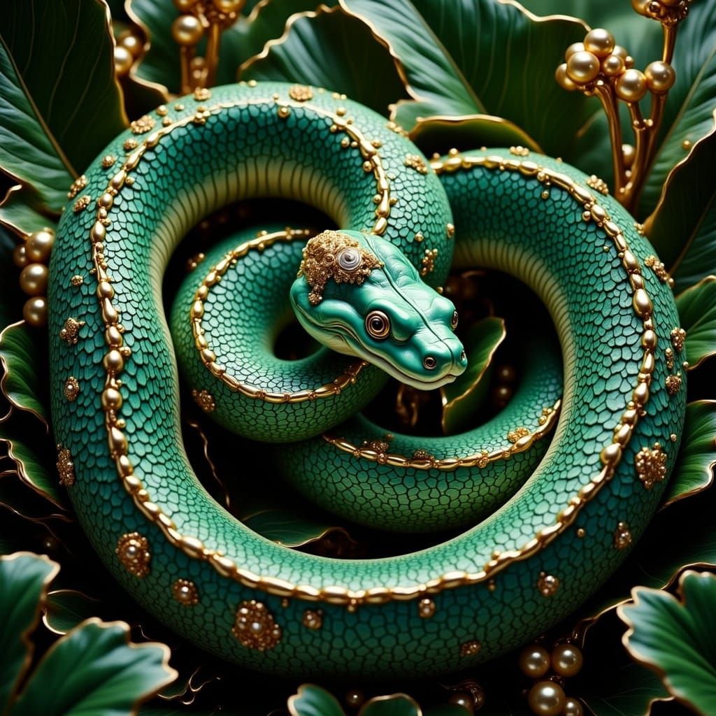<lora:Ornamented:1.0>a snake with very sharp and meticulous reptile skin in shades of green and ornament in gold and also with silver stars...