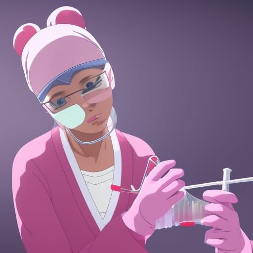 Illustration of a cute female dentist wearing pink gloves in...