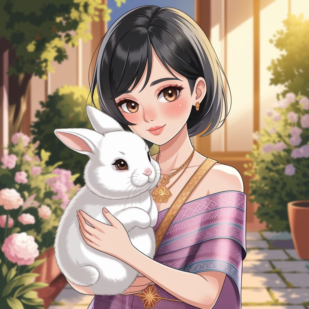 Thai Woman with Rabbit in Anime Style