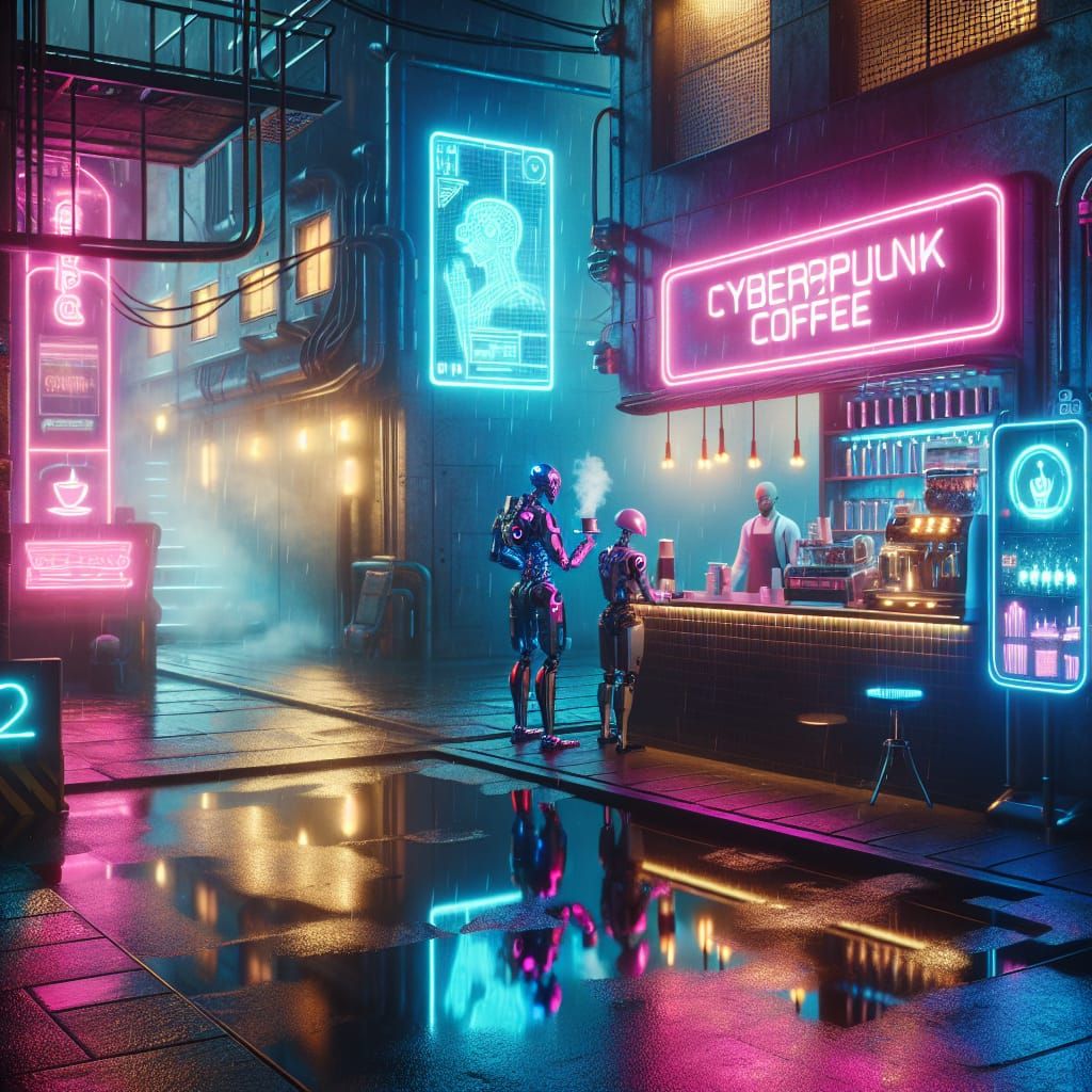 Cyberpunk Coffee Shop Run By Human And Robot