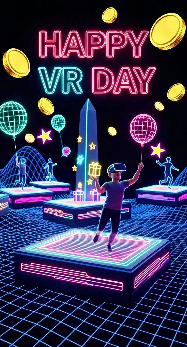 Slanted foreshortening dynamic close up view on happy  Human wearing vr googles while jumping on floating platform, text of above in neon bo...