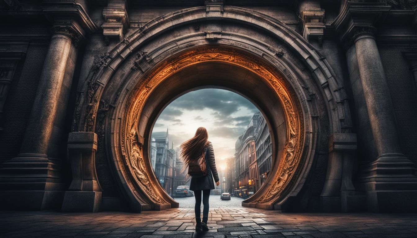 Girl with long hair entering portal in a city