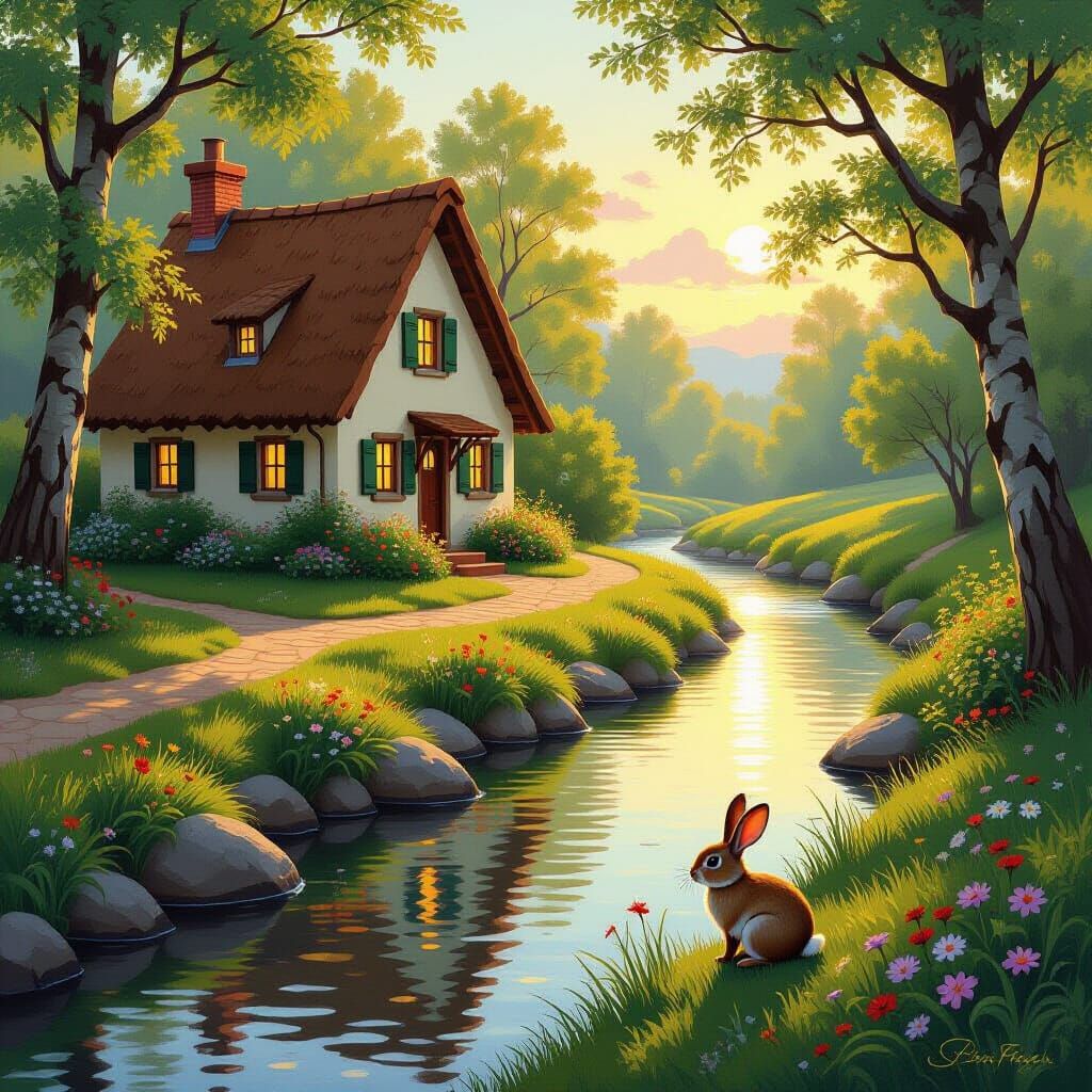 Cozy Cottage by Brook with Rabbit in Golden Hour Light