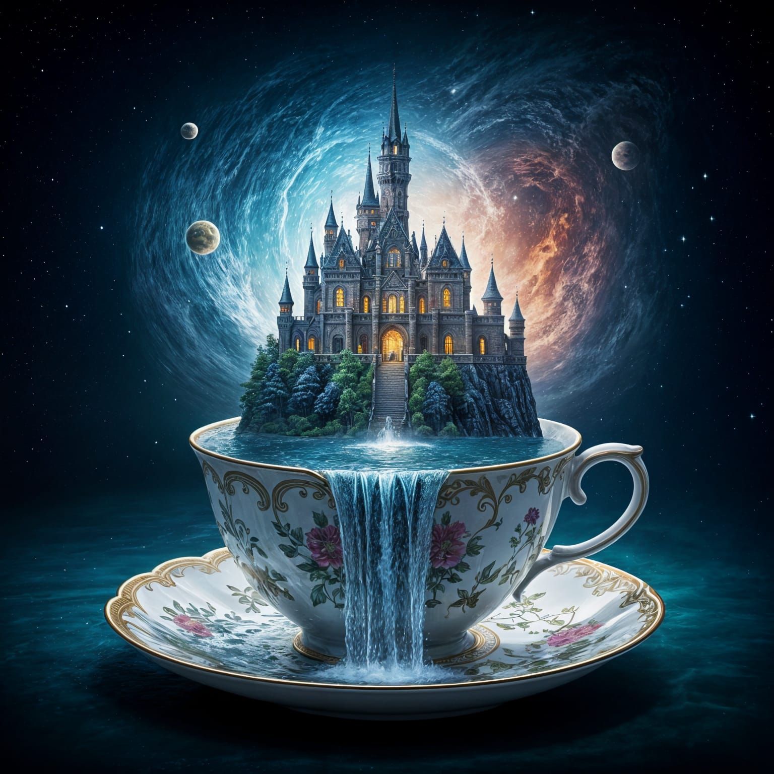 Eine Tasse auf der ein Magisches Schloss steht. Am Rand der Tasse läuft ein Wasserfall runter. intricately ...  by @Miss Wunderlich