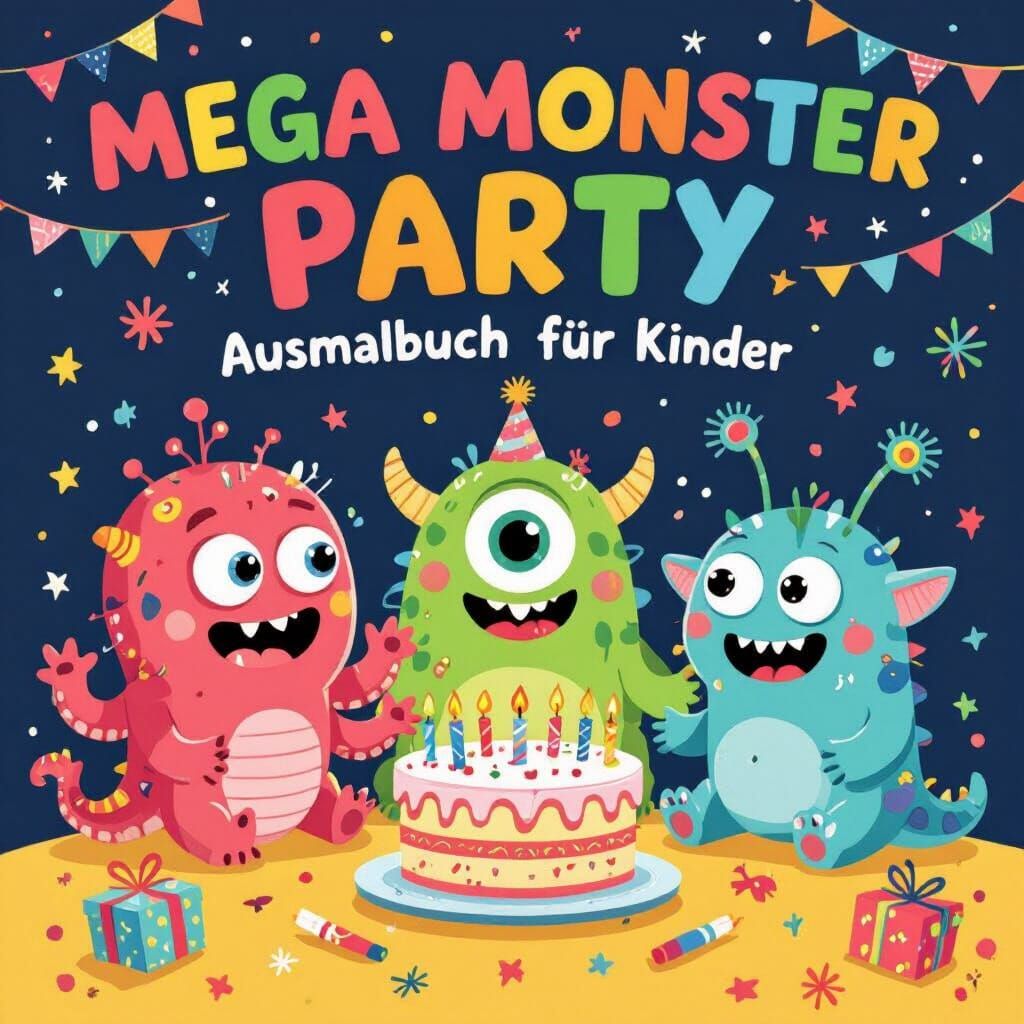 eine farbige Illustration im cartoon-Stil mit bunten, fröhlichen Farben. Das Bild zeigt drei verschiede lustige Monsterkinder und in der Mit...