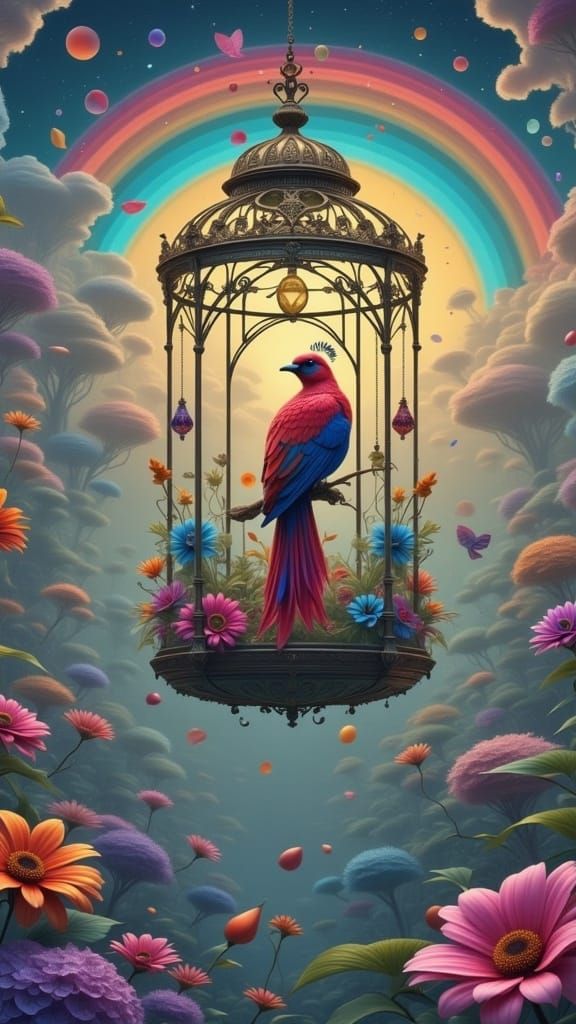 <lora:BLUEBIRD MILLENNIUM:1.0>
UKIO-E AN ANTIQUE RED PEACOOK INSIDE A FILIGREE GEORGIAN-STYLE CAGE, COLOURFUL-FLOWERED CREATION, 
3D FRACTAL...