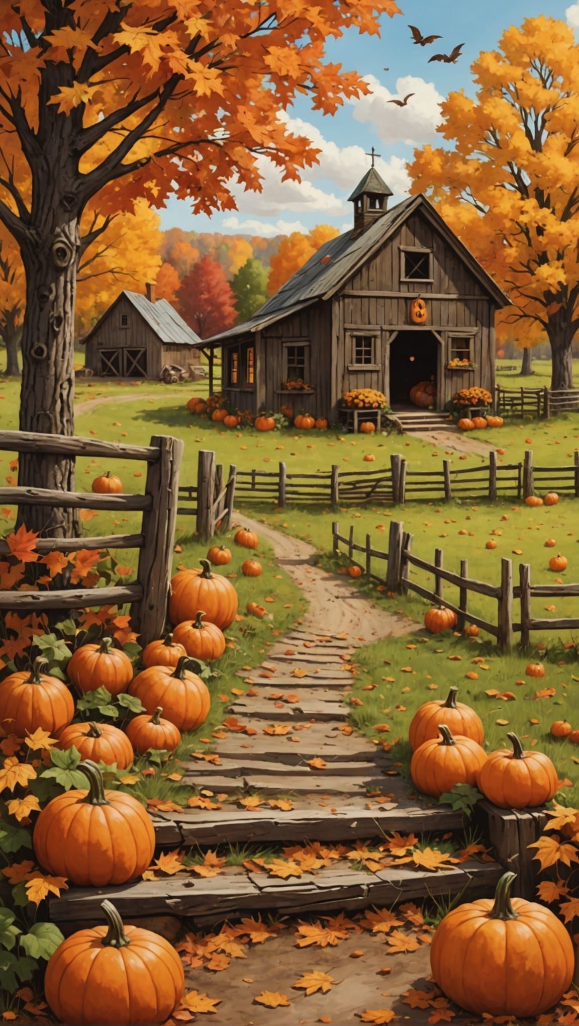 A rustic autumn scene, complete with falling leaves and a pumpkin patch  by @Papilou