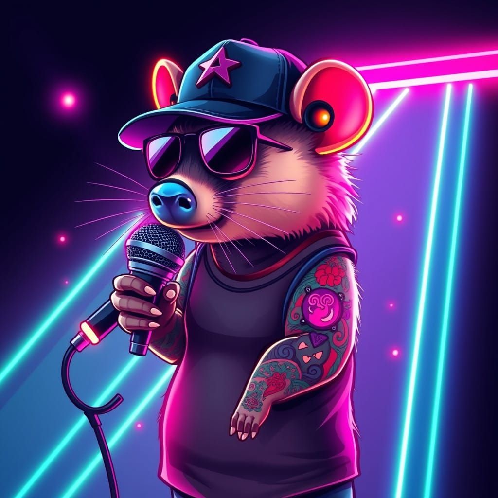 Glowing Wombat Rapper Illuminates Neon Night - AI Art