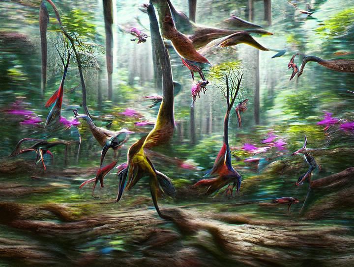 Avian And Non Avian Dinosaurs Living In A Forest Ai Generated Artwork