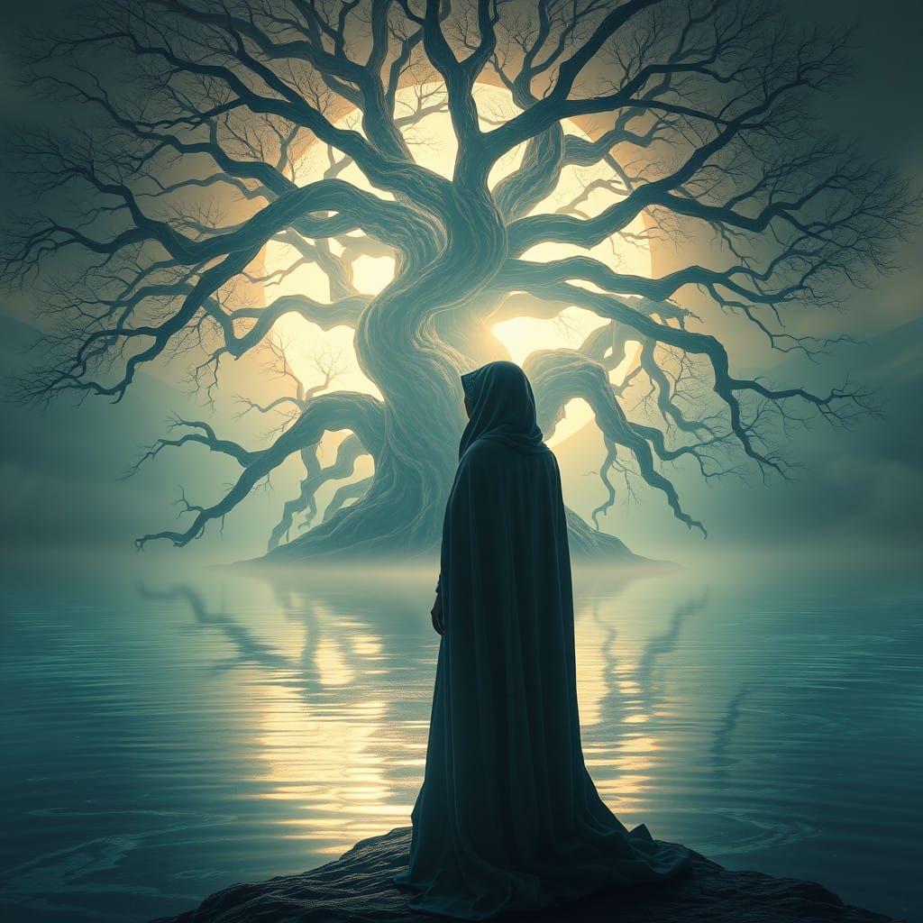 Ethereal Serenity: A Cloaked Woman at the Edge of the Mystic...