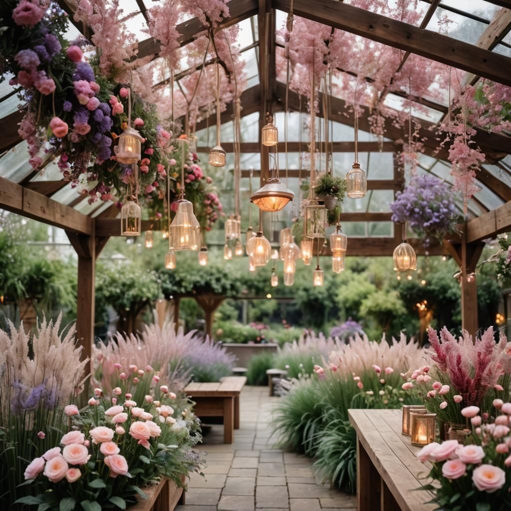 Lush Greenhouse with Dried Flowers and Twinkle Lights