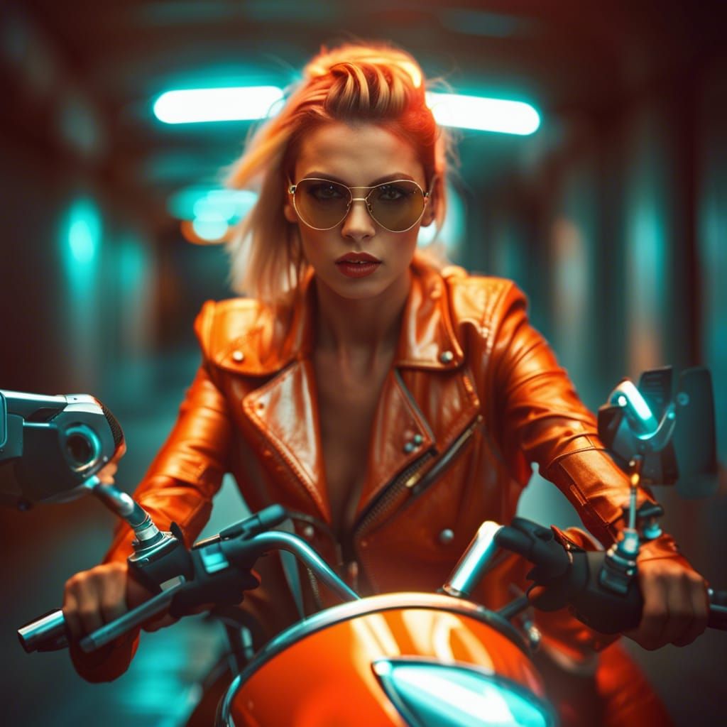 Cyberpunk Model on Retro Motorcycle in Orange Theme