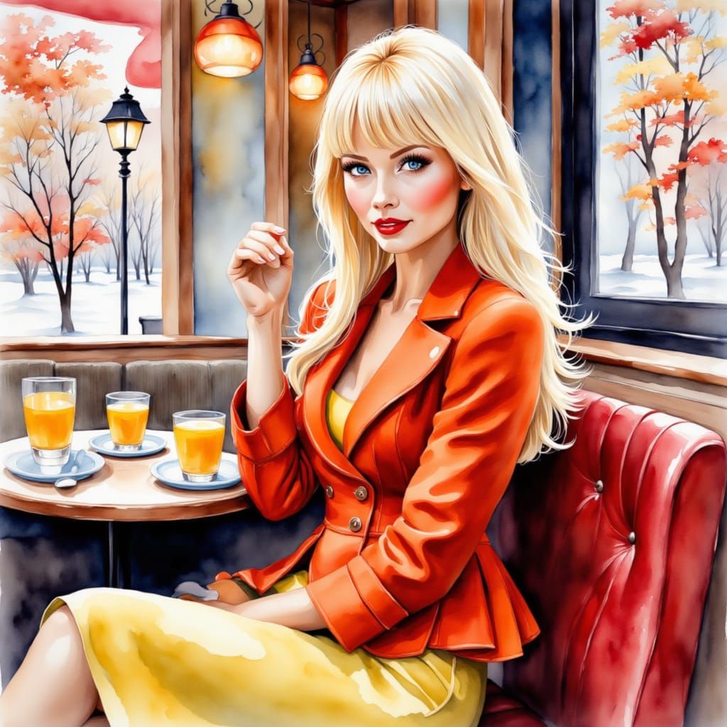 <lora:Flux Real CartoonXL:1.0> A stunning woman, straight blonde hair, bangs, bold makeup, red lips in restaurant eating, wearing a short da...