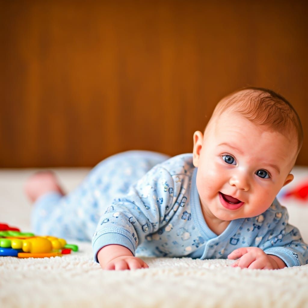 Cheerful Baby Smiling with New Tooth: Art Nouveau Style