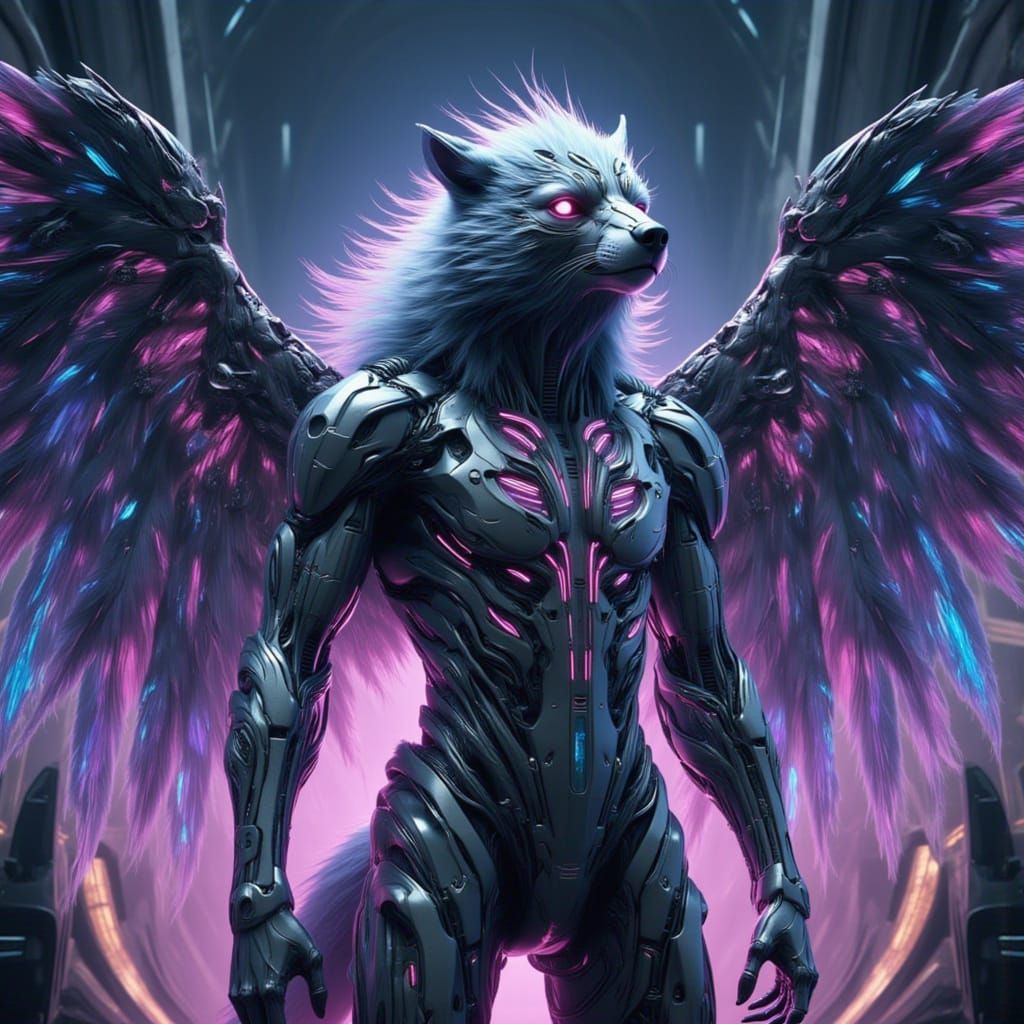 <lora:Beast Wars:1.0> Humanoid wolf, lithe build, sharp teeth, wearing cybernetic armor, large feathered wings with metallic purple and blue...