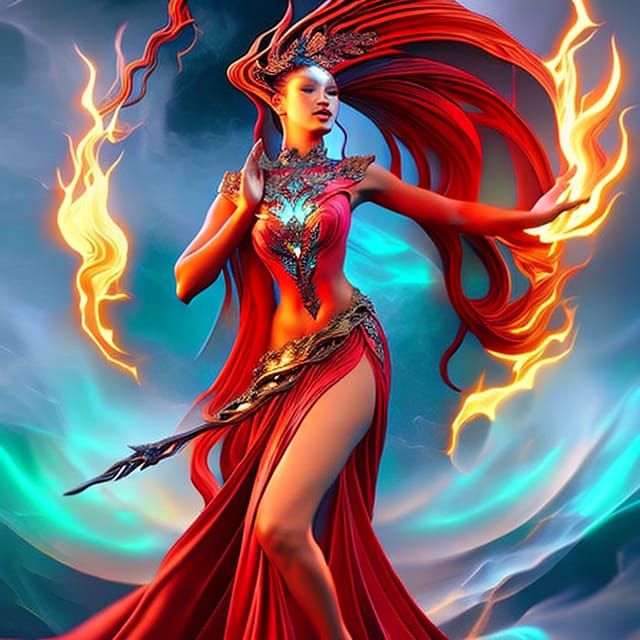 "goddess of fire" summoning fire and lightning, detailed acr...