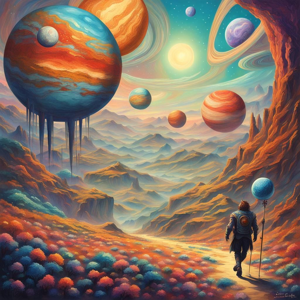 striding between whimsical planets