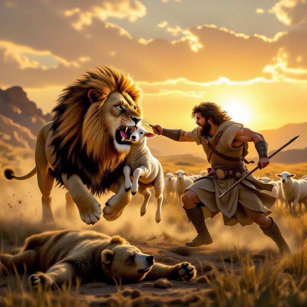David Rescues Lamb from Lion in Biblical Style